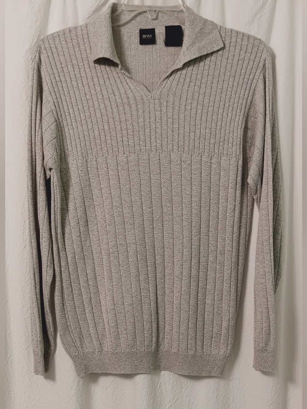 Vintage Hugo Boss Men's Light Gray Ribbed Knit Collared Sweater